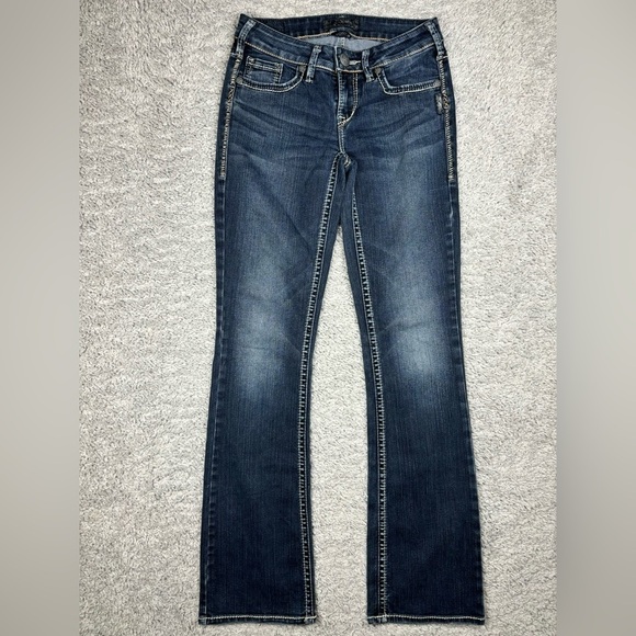 Silver Jeans Womens 27 Aiko Boot Cut Dark Wash Big Stitch Denim Concert Party - Picture 2 of 6